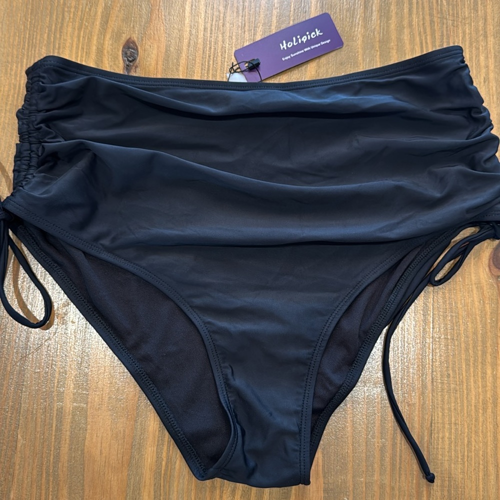 NWT women’s modest swimwear black bikini bottom high waist ruched side tie